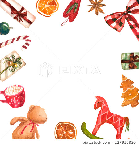 Watercolor hand painted frame of Christmas decorations. Christmas composition Watercolor hand painted frame of Christmas decorations. Christmas composition 127910826