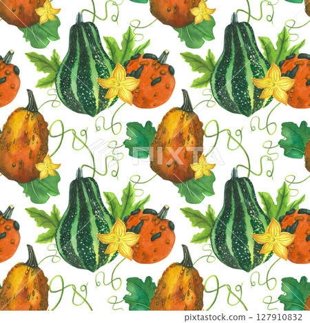 Pumpkins - seamless pattern of pumpkin leaves, flower and mustache. Watercolor illustration hand drawn. For design postcard or card, banner. 127910832