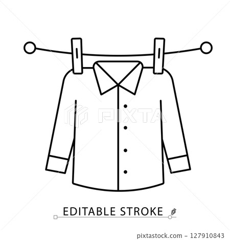 A drying shirt icon in minimalist style with editable stroke. Laundry element, hanging clothes, clothing care, clean garment, household task, fabric drying, outline object, vector line illustration. 127910843