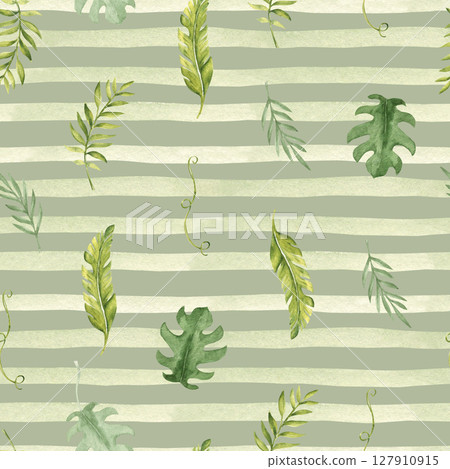 Watercolor Tropical Leaves Seamless Pattern on a green striped background. Palm, Eucalyptus and Monstera with Liana, horizontal Brush Strokes or Lines. Watercolor Hand drawn illustration. For 127910915