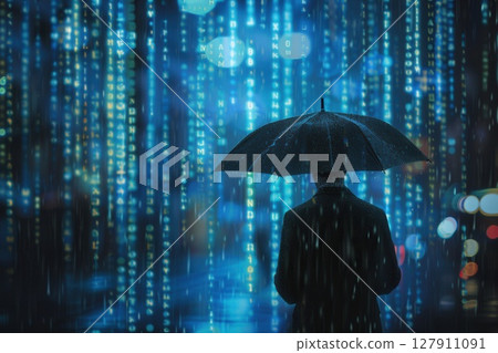 Businessman holding umbrella under digital rain matrix code 127911091