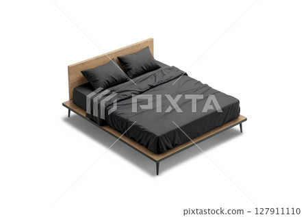 Wooden double bed with black bedding mockup, ai generated 127911110