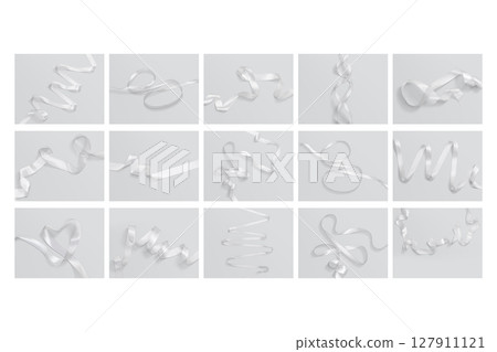 Blank white organza ribbon mockup, grey background, different types Blank white organza ribbon mockup, grey background, different types 127911121