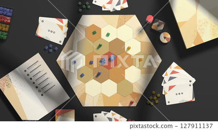 Colored board game field with chips, dice and cards mockup 127911137