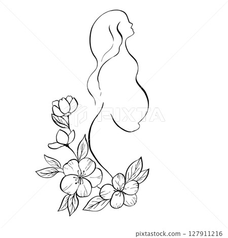Vector Pregnant woman in silhouette holds belly near blooming sakura. Hand-drawn vector with linear contour cherry and apple trees in spring. Peaceful maternity sketch illustration. Tattoo Vector Pregnant woman in silhouette holds belly near blooming sakura. Hand-drawn vector with linear contour cherry and apple trees in spring. Peaceful maternity sketch illustration. Tattoo 127911216
