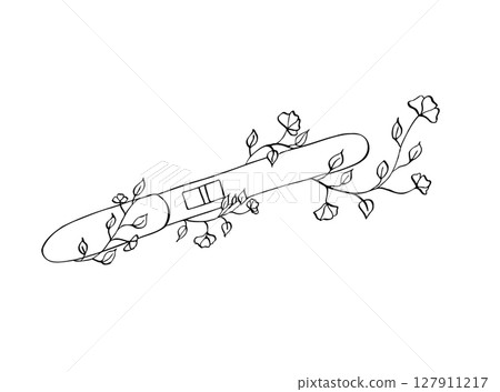 Positive pregnancy test wrapped around blooming branch. Hand-drawn vector with flowers and leaves in spring style. Symbolic fertility sketch for motherhood themes. Peaceful maternity sketch 127911217