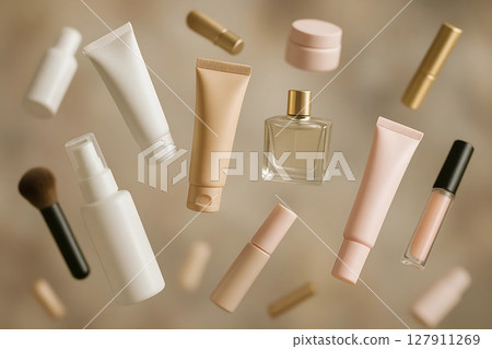 Blurred Background with Floating Cosmetic Products Creating Dynamic Depth Effect 127911269