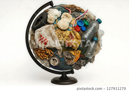 Conceptual Globe Made of Crushed Plastic Cups and Used Baby Diapers Highlighting Pollution 127911270