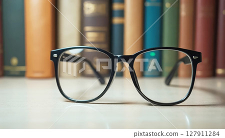 Eyeglasses against the background of books, awakening interest in knowledge, learning and cozy intellectual atmosphere. Eyeglasses against the background of books, awakening interest in knowledge, learning and cozy intellectual atmosphere. 127911284