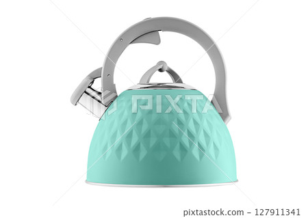 kettle with whistle, matte Blue color, with rhombus texture on isolated and white background 127911341