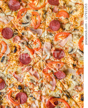 Meat Pizza with Bacon and Salami with Melted Cheese for Menu 127911353