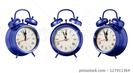 set collection retro clock, watch, pointer clock, Purple, violet color alarm clock on isolated white background 127911364