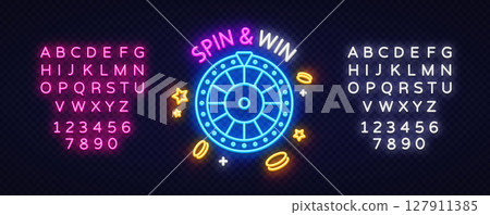 Neon sign spin and win with roulette wheel, flying coins and star symbols. Surrounded by glowing font sets for promotional casino design. 127911385