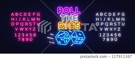 Neon sign roll the dice with glowing blue dice, vibrant typography, and movement lines. Includes alphabet and digits in two neon color styles. Neon sign roll the dice with glowing blue dice, vibrant typography, and movement lines. Includes alphabet and digits in two neon color styles. 127911387