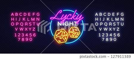 Neon composition with glowing text lycky night, dice icon and full alphabet set in pink and white. Casino-style letters with modern retro atmosphere on dark background. 127911389
