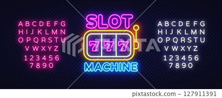 Neon sign slot machine with triple 777 on reels, side lever, and vibrant lighting. Full alphabet collection in glowing styles on both sides. Neon sign slot machine with triple 777 on reels, side lever, and vibrant lighting. Full alphabet collection in glowing styles on both sides. 127911391