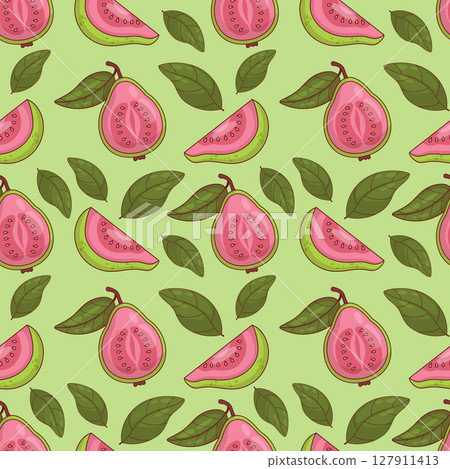 Seamless Pattern Pink Guava fruit with leaves on green Background. Vector illustration 127911413