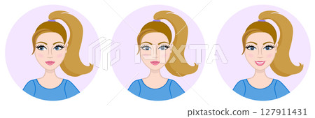 Avatar of a young girl. Woman looking sideways, smiling. Look away. Round icon. Cute face. Caucasian woman. Blue t-shirt. Ponytail hairstyle. Portrait of a teen 127911431