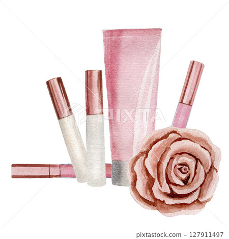Lip gloss, lipstick, cream tube, gold rose, pink watercolor illustrations isolated on white background. Sublimation arrangement on a make up theme 127911497