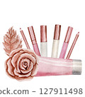 Lip gloss, lipstick, cream tube, gold rose, pink watercolor illustrations isolated on white background. Sublimation arrangement on a make up theme 127911498
