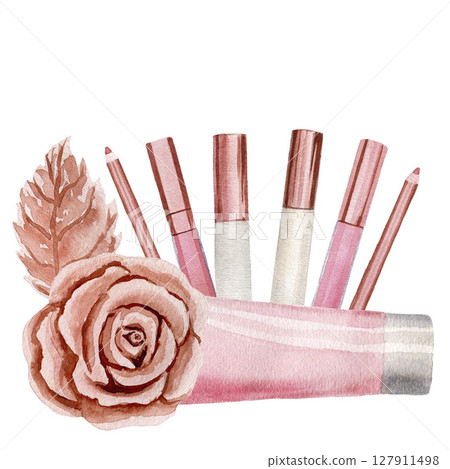 Lip gloss, lipstick, cream tube, gold rose, pink watercolor illustrations isolated on white background. Sublimation arrangement on a make up theme 127911498