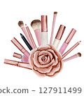 Lip gloss, lipstick, eyeliner, nail polish, lip liner, gold rose, watercolor illustration isolated on white background. Arrangement on a make up theme 127911499