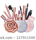Lip gloss, lipstick, eyeliner, nail polish, lip liner, gold rose, watercolor illustration isolated on white background. Arrangement on a make up theme 127911500