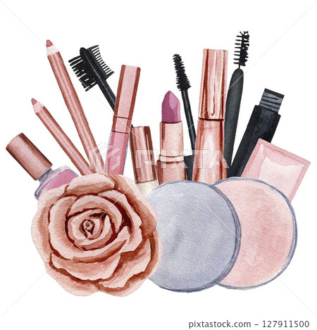 Lip gloss, lipstick, eyeliner, nail polish, lip liner, gold rose, watercolor illustration isolated on white background. Arrangement on a make up theme 127911500