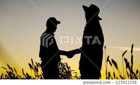 A handshake seals the wheat deal at sunset, Farmers agree on wheat prices with a firm handshake, Two individuals shake hands in a golden wheat field, Business partners solidify their wheat trade with A handshake seals the wheat deal at sunset, Farmers agree on wheat prices with a firm handshake, Two individuals shake hands in a golden wheat field, Business partners solidify their wheat trade with 127911556