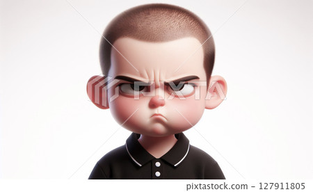 Funny cartoon illustration of a boy with a bored and angry face 127911805