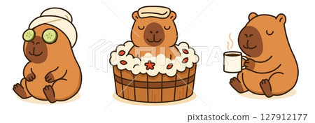 Vector illustration of a kawaii capybara having a spa day with cucumber mask, bubble bath, and hot tea. Perfect for self-care, relaxation, and wellness-themed designs. 127912177