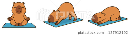 Cute cartoon capybara on a yoga mat. Vector illustration. Cute cartoon capybara on a yoga mat. Vector illustration. 127912192