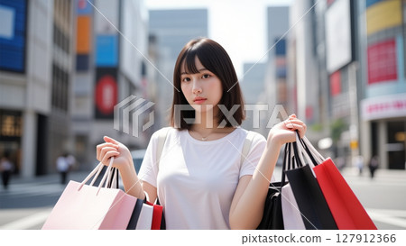 A woman who went shopping and has many paper bags 127912366