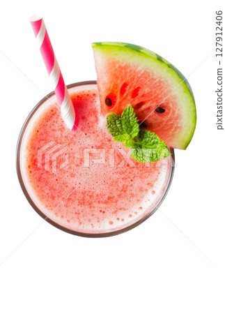 Watermelon juice in a glass with a juice straw and mint leaves, top view on a transparent background PNG image 127912406