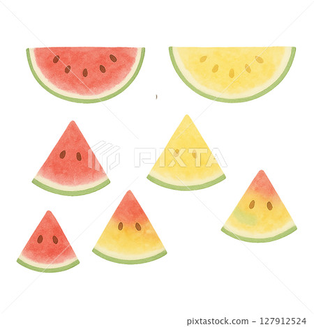 Red and yellow watermelon slices watercolor cutout Red and yellow watermelon slices watercolor cutout 127912524
