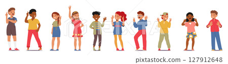 Set of children counting with fingers enjoying educational game to learn numbers and arithmetic 127912648