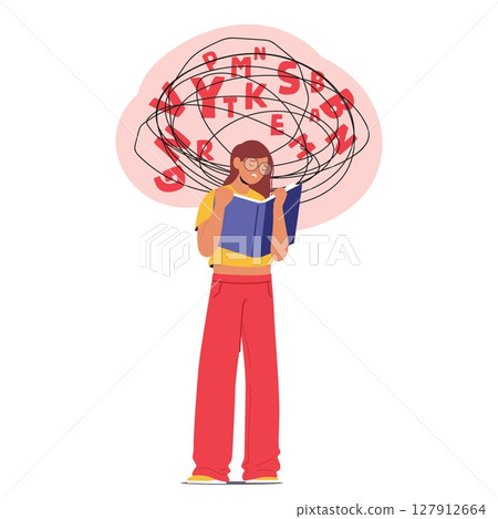 Young girl student cartoon character having troubles with reading due to word recognition difficulty 127912664