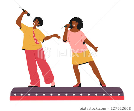 Talented man and woman singers with microphone performing on stage isolated on white background 127912668