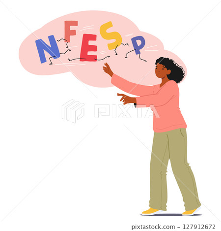 Woman with dyslexia trying to catch running letters having difficulties to read vector illustration 127912672
