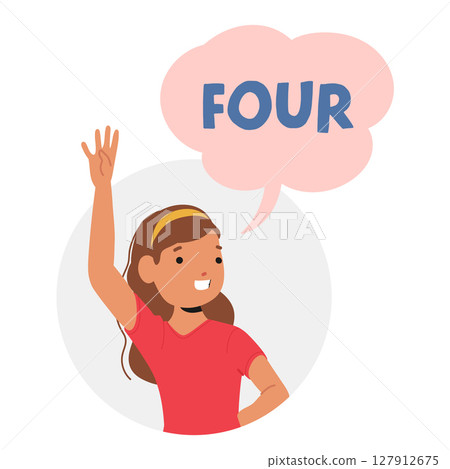 Girl preschool cartoon character round portrait with text learning counting four education print 127912675