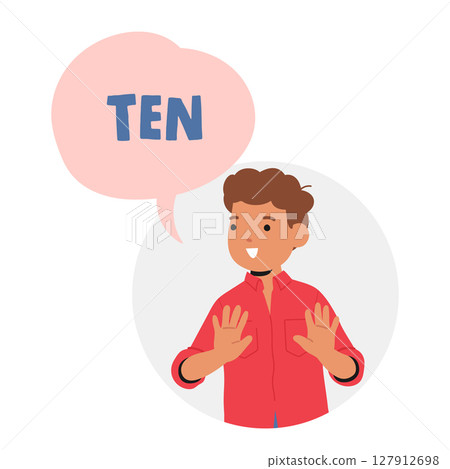 Smiling positive boy showing ten fingers learning to count round portrait with text speech bubble Smiling positive boy showing ten fingers learning to count round portrait with text speech bubble 127912698