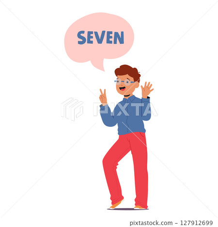 Cute nerd boy cartoon character learning numbers counting seven by fingers with raised hands Cute nerd boy cartoon character learning numbers counting seven by fingers with raised hands 127912699