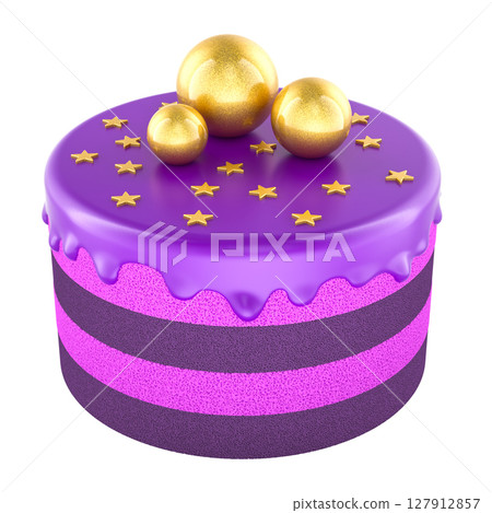 Purple cake with golden balls and stars. Berry, blueberry, blackberry flavors with pink and violet layers, glossy icing. 3D rendering 127912857