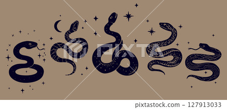 Cundalini snakes set. Mystical Celestial Design Elements, hand drawn occult snakes with stars and moon. Tattoo or t-shirt mystic design. Cundalini snakes set. Mystical Celestial Design Elements, hand drawn occult snakes with stars and moon. Tattoo or t-shirt mystic design. 127913033