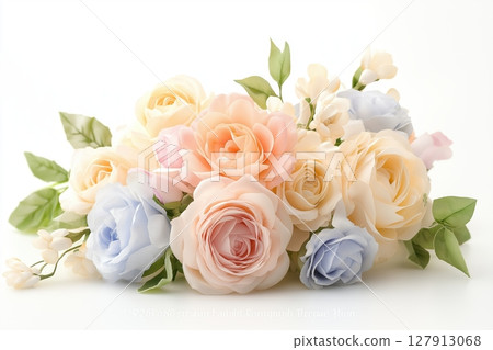 Soft pastel flowers bouquet with delicate blossoms and green leaves Soft pastel flowers bouquet with delicate blossoms and green leaves 127913068