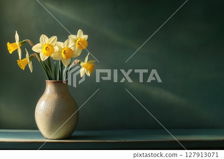 Yellow daffodils in a ceramic vase on a green background Yellow daffodils in a ceramic vase on a green background 127913071