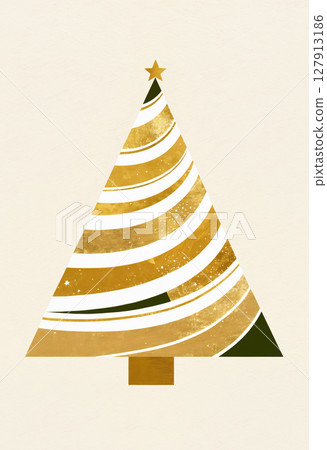 minimalist golden abstract Christmas tree with swirling white ribbons illustration 127913186