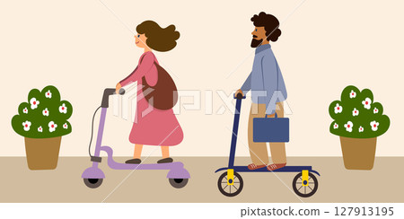 Couple riding on electric scooters. Trendy transportation. 127913195