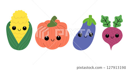 Set of kawaii veggies. Colorful collection of vegetables. Smiling faces. Set of kawaii veggies. Colorful collection of vegetables. Smiling faces. 127913198