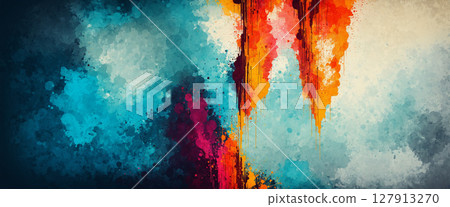 vibrant dripping paint streaks and bold splashes on textured background with teal, orange, and magenta tones 127913270